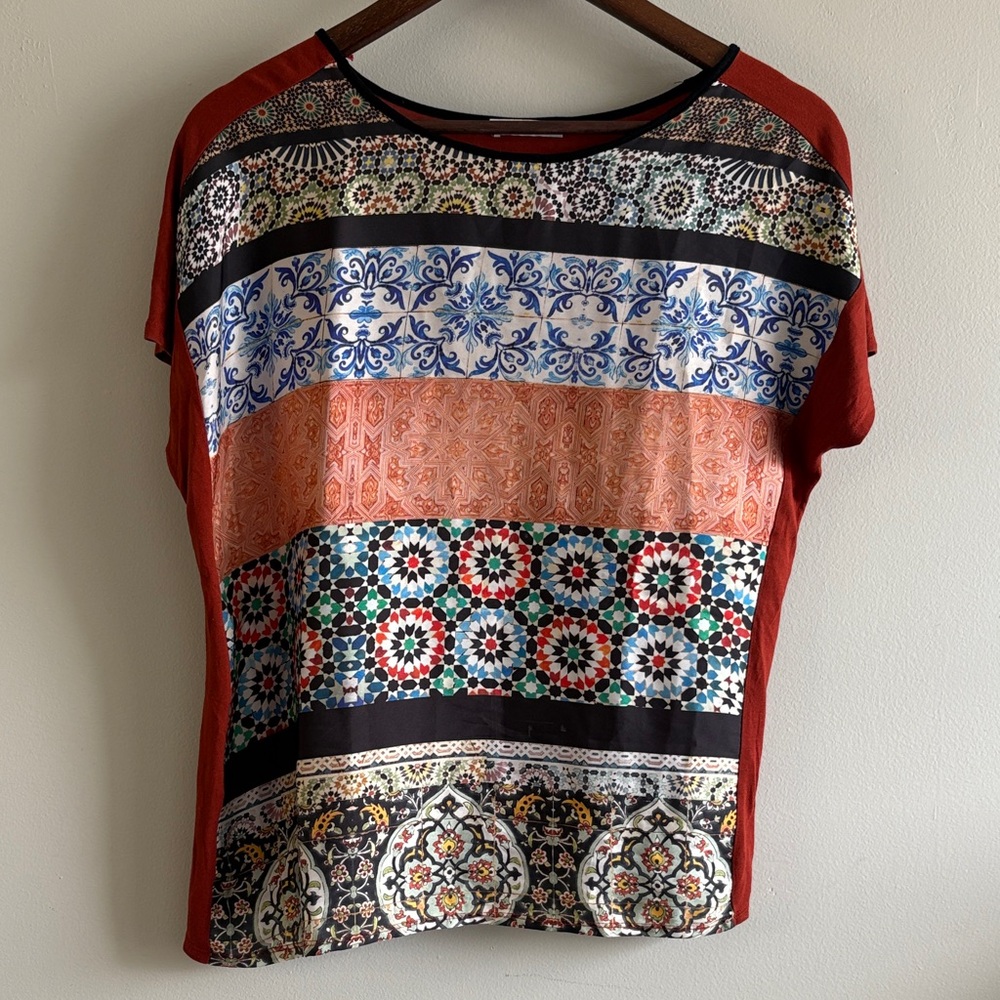ZARA Boho Mosaic Tile Print Top Colorblock Short Sleeve Blouse